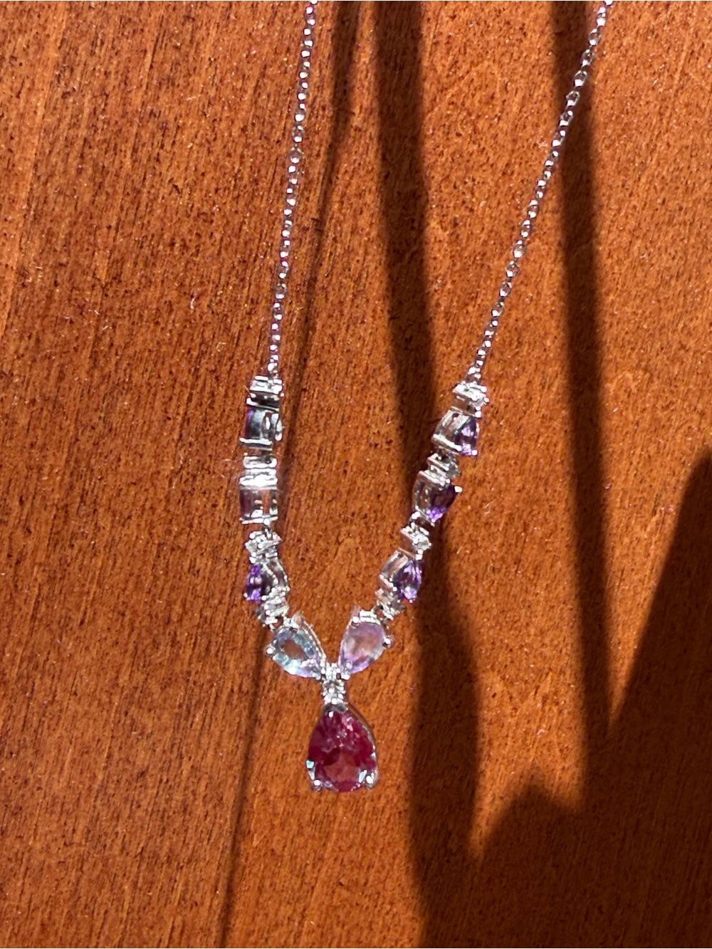 Alexandrite and Amythest gemstone sterling silver drop necklace